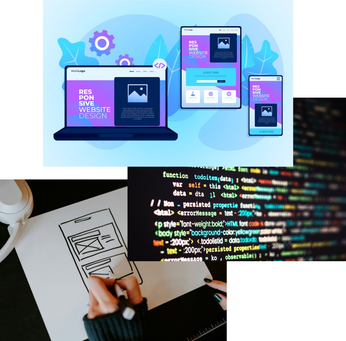 Responsive layouts, code snipper, and a wireframe being drawn up